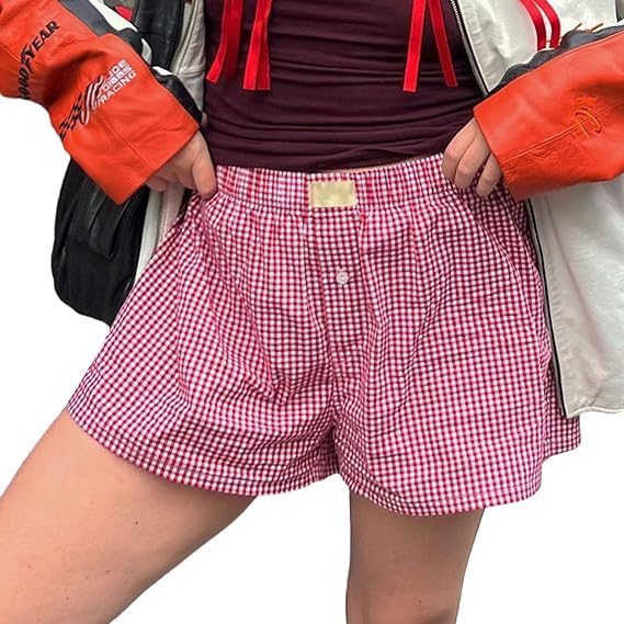 Image of Sumleno Womens Y2k Aesthetic Boxer Shorts Plaid Elastic Waist Lounge Pj Bottoms Summer Casual Gingham Pajamas Shorts