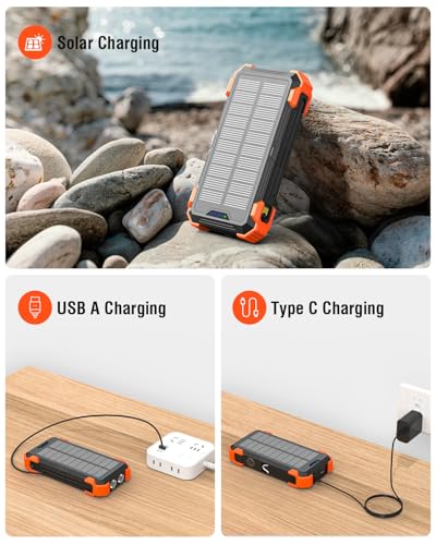 Image of Solar Power Bank 20000mAh Built-in 4 Cables, Solar Charger Power Bank USB-C 3A Fast Charging for iPhone Samsung, Portable Wireless Charger with Flashlight, Thermometer, Battery Pack for Camping
