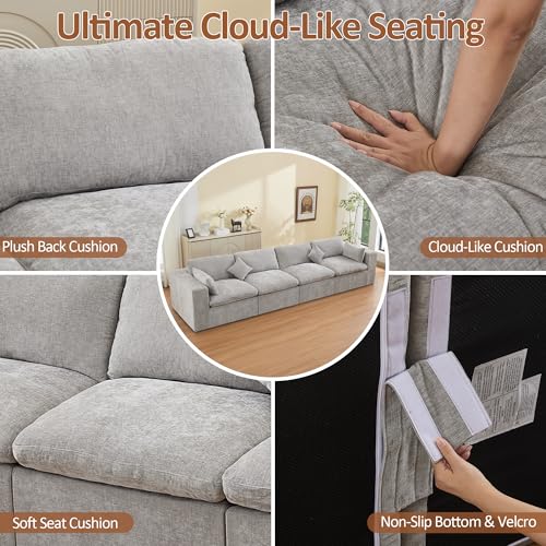 Image of 146''Cloud Boneless Sectional Couch, Modular Sectional Sofa Deep Seat, Oversized Upholstered Convertible Comfy 4 Seater Chenille Memory Foam Sofa Couches for Living Room, Light Grey