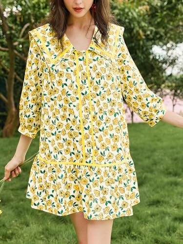 Image of Wenrine Womens Casual Shirt Dresses 3 /4 Long Sleeve Floral Button Down Flowy Babydoll Fall Mini Dress