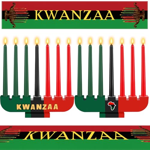 9 Pcs Kwanzaa Kinara Set With Candles Holder - 3 Red, 3 Green, 1 Black Candle and Table Runner for Celebration Decoration