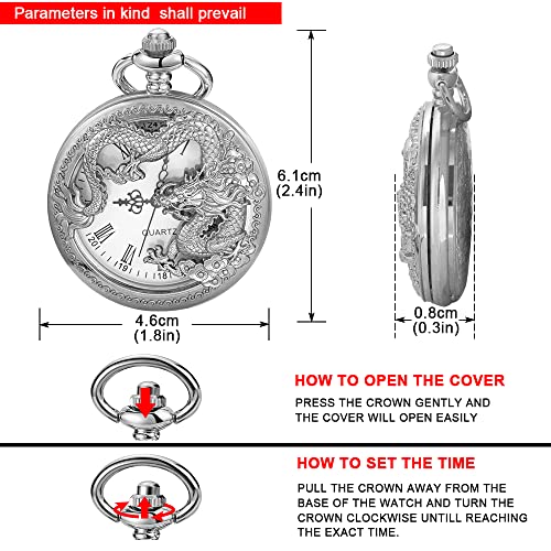 Alwesam Silver Dragon Design Quartz Pocket Watch Roman Numerals With Chain Birthdays Gifts For Father's Days #TOP6
