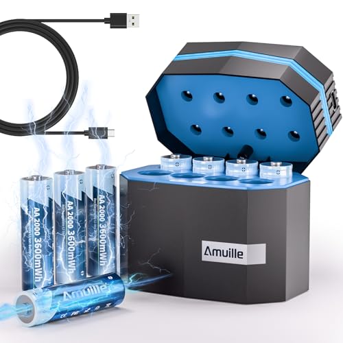Rechargeable AA Batteries Lithium with Fast Charger, 8 Pack 1.5V 3600mWh Double A Batteries Rechargeable Lithium AA Battery with Charging Storage Box for Blink Outdoor Xbox and electronic devices