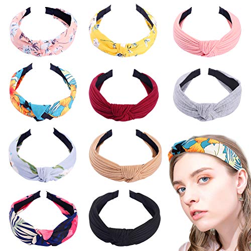 10 pcs Bow Knot Headband Floral Twist Turban Headband Cross Knot Wide Headbands Bandana Hair Accessories for Women，10 Colors