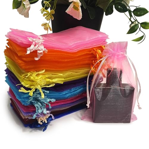 Image of SIAGCRAW Organza Bags 4 inchx6 inch, 100Pcs Small Mesh Drawstring Pouches | Mixed Color Organza Bags for Jewelry, Candy, Party Favors, Small Sachet Wrap, Storage Supplies