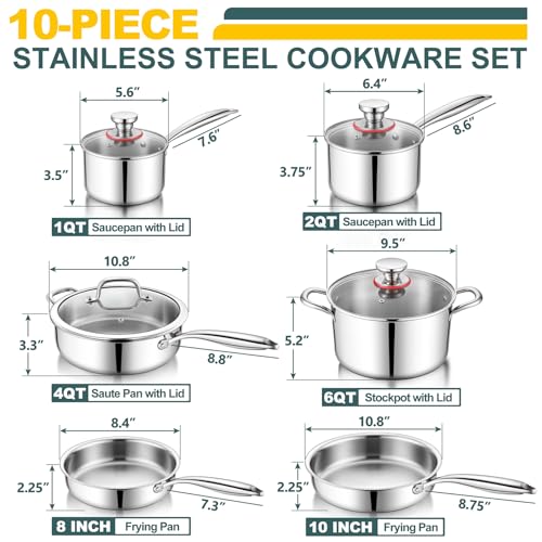 Image of P&P CHEF 3-Ply Stainless Steel Cookware Set of 6, 10-Pieces Pots and Pans Sets Stainless Steel for Kitchen, Induction Multi Cooktops & Oven, Dishwasher Safe, Frying Pans, Saucepans, Saute Pan & Pot