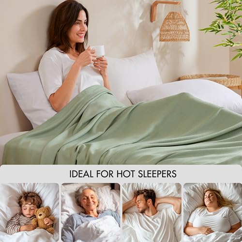 Image of Madison Park Queen Size Summer Blanket, Sage Green, 70% Rayon from Bamboo | 30% Cotton Blanket Full for Bed, Couch, Sofa, Soft Cozy Breathable for Hot Sleepers Menopause, Natural Cooling
