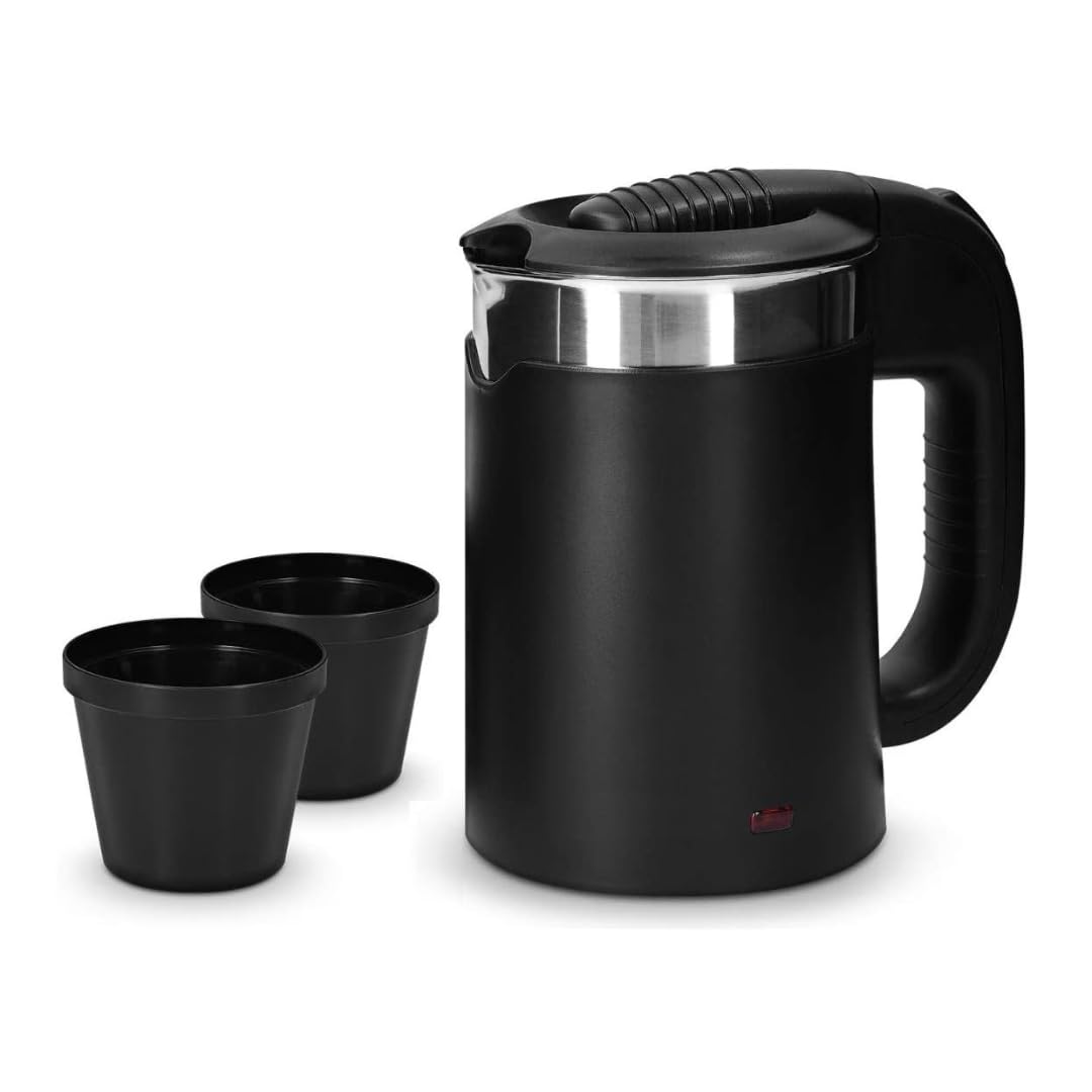 Stainless Steel Brings 0.5Ltr Double Wall Portable Steel Body Small Size Electric Kettle For Water/Tea/Coffee/Milk/Noodle With Fast Boiling Powerful Heating Element&Auto Shut-Off 1100W (Black)