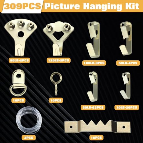 Image of SPEEDWOX 309Pcs Heavy Duty Picture Hanging Kit Picture Hangers Picture Hanging Assortment Kit with Hooks, Single Hooks, Serrated Hooks, Small Half-Circle Hooks, Gold Small Lamb's-Eye Hooks, Wire