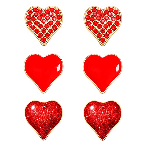 Cealxheny 3 Pairs Valentine’S Day Heart Stud Earrings For Women Glitter Rhinestone Heart Earrings Sweet Red Pink Heart Ear Studs Valentine’S Day Gifts Holiday Accessory cover