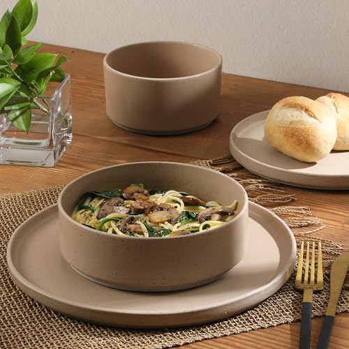 Image of Gibson Elite Tatum Premium Porcelain Matte Reactive Glaze 16-Piece (Service for 4) Plates and Bolws Stackable Dishes Ceramic Dinnerware - Blush Pink /Taupe