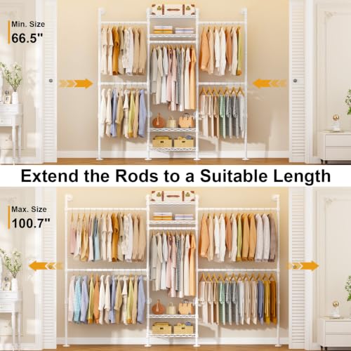 Image of ULIFHOME M7 Wall-Mounted Clothes Rack, Heavy-Duty Garment Closet Rack | Metal Clothing Storage Organizer with Shelves and Expandable Hangers, (66.5-100.7) inchL x 11.8 inchD x 86.6 inchH for Hanging, White