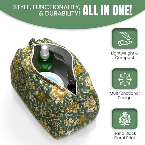 Cotton Hand Block Floral Print Toiletry Bag For Women Make Up Cosmetic Bag Jewelry Organizer Kit Storage Case Travel Accessories Essential Toiletries Purse Pouch (Green - Set of 3, Small Medium Large)4