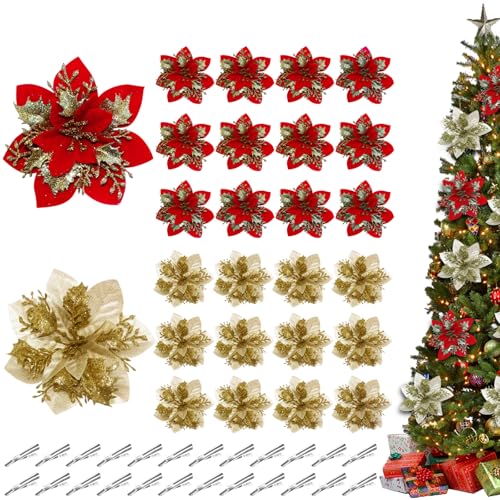 24 Stück Weihnachten Glitzer Weihnachtsstern Künstliche Blumen mit...