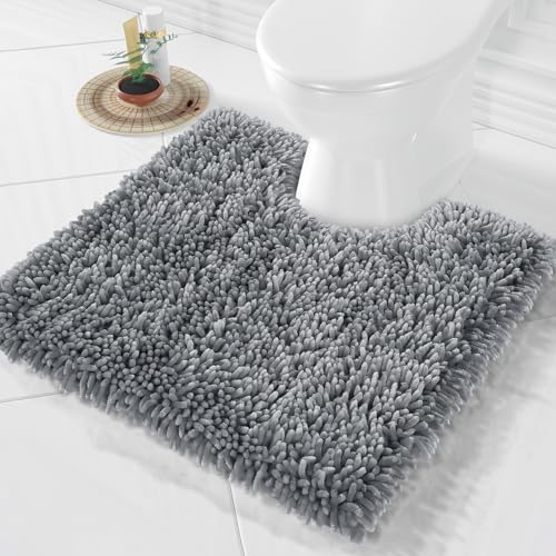 Image of Yimobra Toilet Rugs U Shaped Washable, Extra Thick Soft Absorbent Chenille Contour Bathroom Rugs for Toilet 24x24 Inch, Quick Dry Non Slip Toilet Mat for Bath Floor, Silver