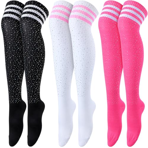 3 Pcs Women Sparkle Rhinestone Over Knee Stockings Sexy Shiny Glitter Stripe Thigh High Socks Leg Warmers for Women