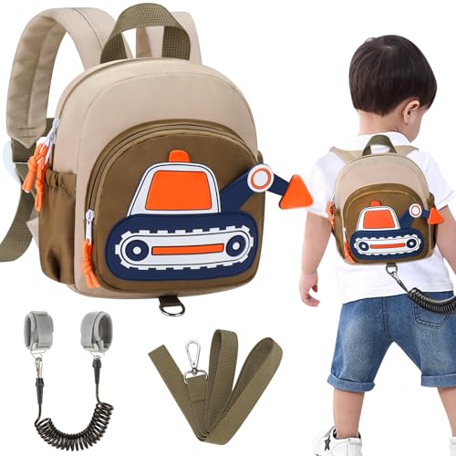 Accmor Toddler Leash Backpack, Cute Excavator Bag with Anti Lost Wrist Link, Children Safety Walking Harness Kids Travel Essential Mini Rucksack Back Pack with Strap Tether for Baby Boys