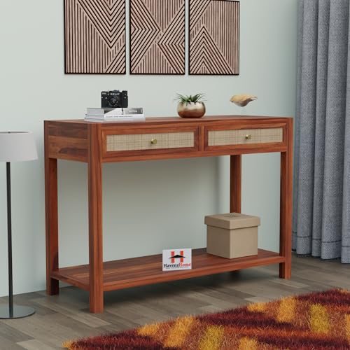 Image of Solid Wood Console Table with 2 Drawers & Bottom Shelf Storage for Living Room, Entryway, Hallway, Bedroom & Office | Honey Finish | 42 x 15 x 30 Inch