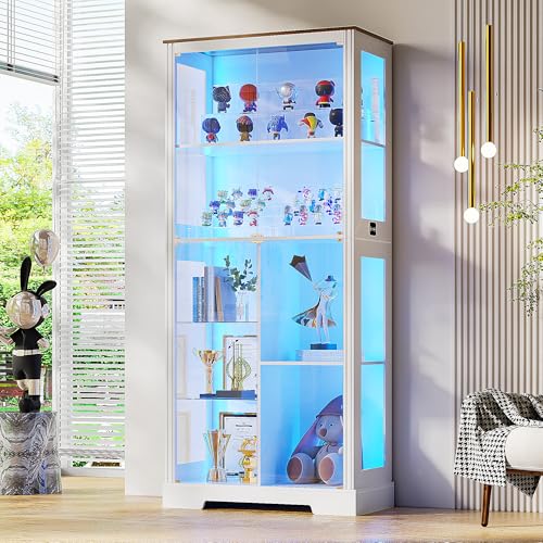 Lvifur 71” Display Cabinet with Glass Doors, Modern Curio Cabinet with 3 Color Lights, 7-Tiers Glass Display Cases for Collectibles, Tall Lego Storage Cabinet with Human Body Sensor (White)