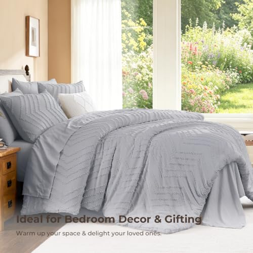 Image of Litanika Light Grey Queen Size Comforter Set with Sheets - 7 Pieces Bed in a Bag Queen Boho Tufted Complete Bedding Sets with Comforter, Sheets, Pillowcases & Shams