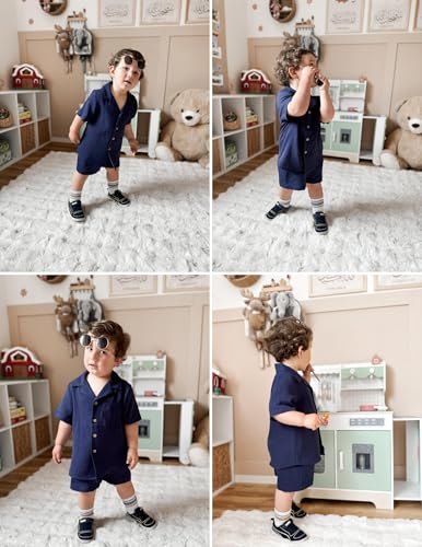 Image of Arshiner Boys 2 Pieces Summer Beach Outfits Short Sleeve Button Down Shirts and Shorts Vacation Texture Sets for Kids