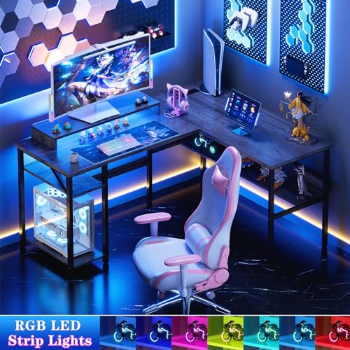 Unikito Reversible L Shaped Desk with Power Outlets and RGB LED Light, Sturdy Computer Desk with Ergonomic Monitor Stand and Storage Shelves, Corner Desk for Home Office, Easy Assembly, Black Oak - Thumbnail 7