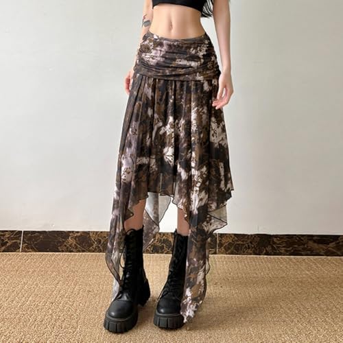 Women's Brown Mesh Y2K Skirts Gothic Irregular Cute Skirts Ruched Waist Club Rave Mini Skirts4