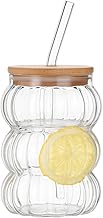 SAPRA Glass Tumbler with Lid and Straw Â– 16oz Borosilicate Cup, Leakproof Eco-Friendly, Wavy Design Cup for Smoothie, Iced Coffee, Juice, Infused Water Jar for Travel and Home, 500 ml