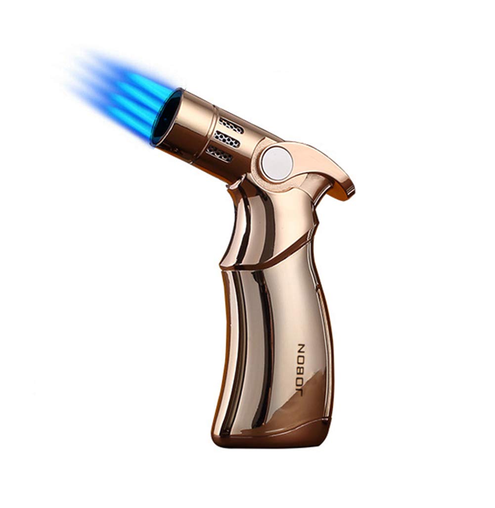 Cigar Lighters Windproof 4 Jet Flame Refillable Butane Gas Torch Lighter Cigarette Metal Lighter(Without Gas) for Family Friends Gift, Gold