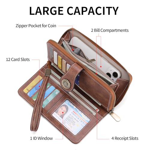SENDEFN Leather Womens Wallet RFID Blocking Billfold Credit Card Holder Wristlet Ladies Clutch Purse2