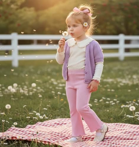 Image of Baby Toddler Girl Flare Pants 4 Pack Girls Ribbed Cotton Leggings | Soft & Stretch,Wide Leg,Comfy Elastic Waistband,Pull-On Style,Solid Color,Ruffle Bell Bottom Pants,Casual Fall Winter Clothes