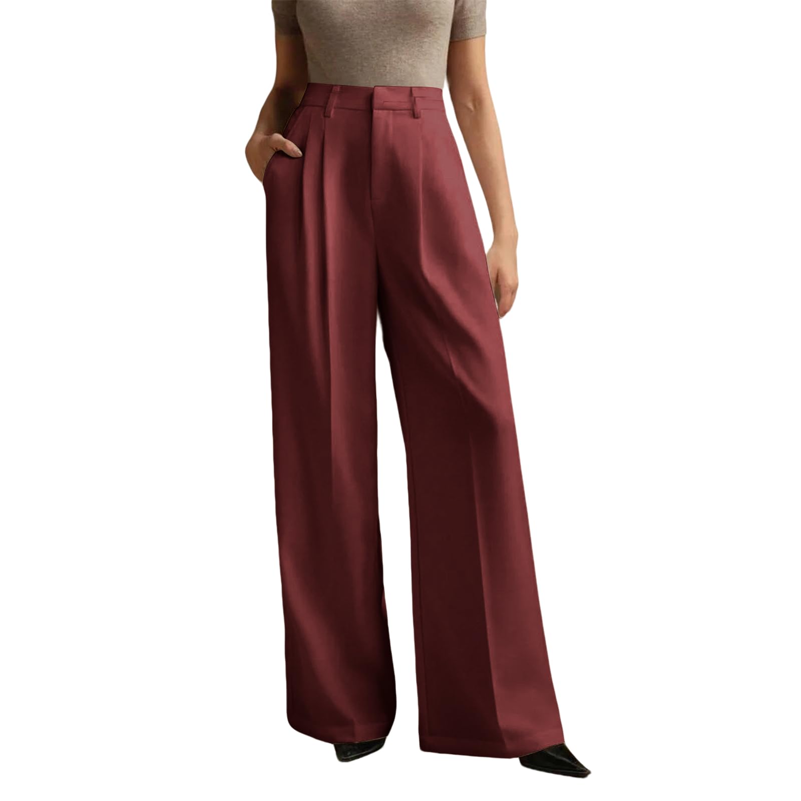 Generisch Anzughose Damen High Waist Hosen Damen Elegant Sommerhose Leichte Palazzo Hose Lang Weites Bein Freizeithose Baggy Lässige Marlenehose Business Stoffhose Mit Seitentaschen Damenhosen