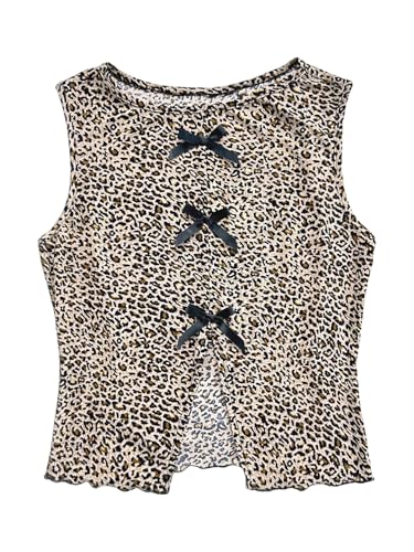 GORGLITTER Girl's Leopard Print Bow Tank Top Cute Crewneck Sleeveless Split Cheetah Tee
