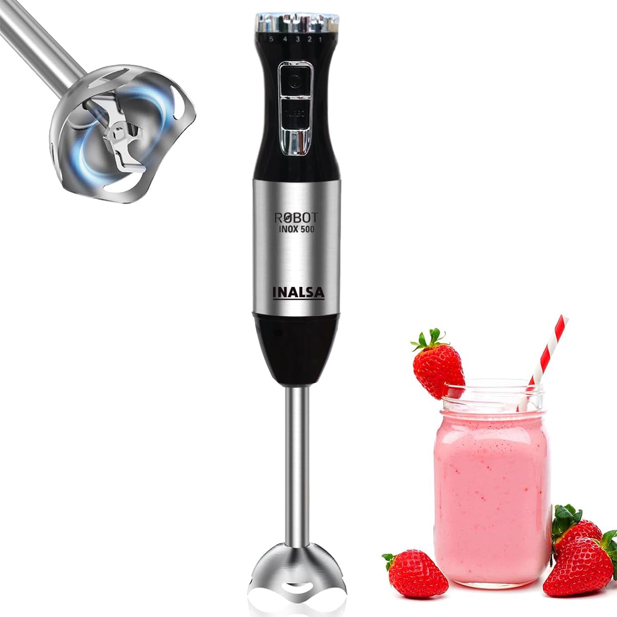 Electric Hand Blender with 500W Powerful DC Motor|Variable & Turbo Speed|Super Silent|Ultra Sharp SS Blade & Detachable Stem|2Yr Warranty|Blender for smoothie and juices,Whip,Chop-RobotInox500