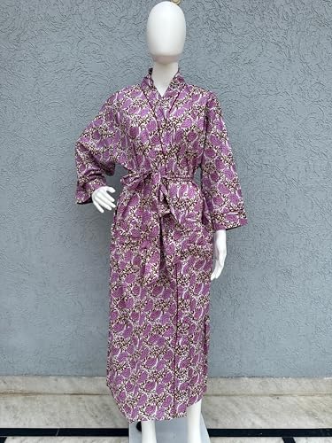 Cotton Block Print Kimono Robe for Women Long Bathrobe with Belt & Pockets Soft Lightweight Nightwear Spa,Lounge or Cover-Up2
