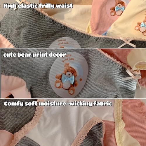 Cute Cartoon Bear Underwear Ruffled Trim Panties Mid Rise Cotton Crotch Briefs 3 Pack for Teen Girls Age12-183