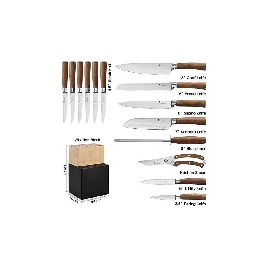 Kangdelun Natura Series 15 PCS Knife Block Set, Ultra Sharp High Carbon Stainless Steel with Wooden Handle