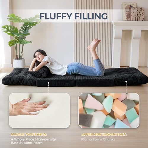 Image of MAXYOYO Folding Sofa Bed, Tufted Bean Bag Bed with Pillows Floor Couch for Adults, Extra Thick and Long Floor Sofa, Single Couch for Bedroom Living Room, Black, 30x91 Inch