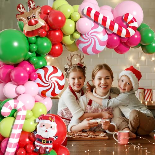 Image of Christmas Arch Kit, Red Pink Green Latex Balloon Garland for Xmas Party | Christmas Party Decorations with Red Pink Green Candy Crutch Balloon Garland for Holiday Celebrations and Seasonal Events