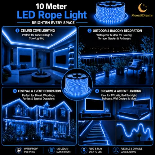 Image of MoonlitDreams 10M LED Rope Light | 120 LEDs /M Waterproof Strip Light | Blue Flexible Cove Light for False Ceiling, Balcony, Bedroom, Garden & Indoor Outdoor Decoration | Plug & Play Decorative Light
