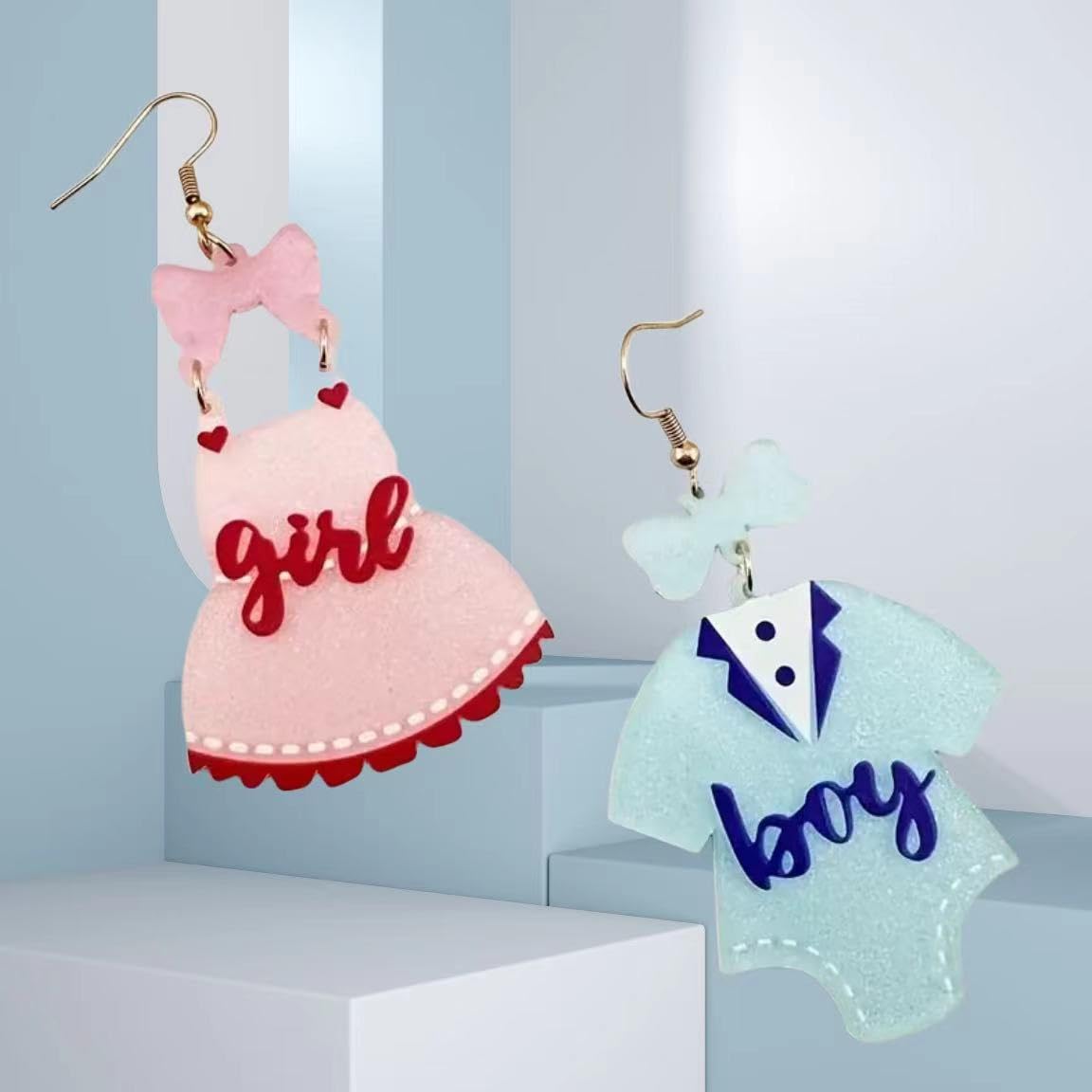Gender Reveal Earrings Glitter Acrylic Blue Pink Dress Earrings for Gender Reveal Pregnancy Announcement Baby Shower Party