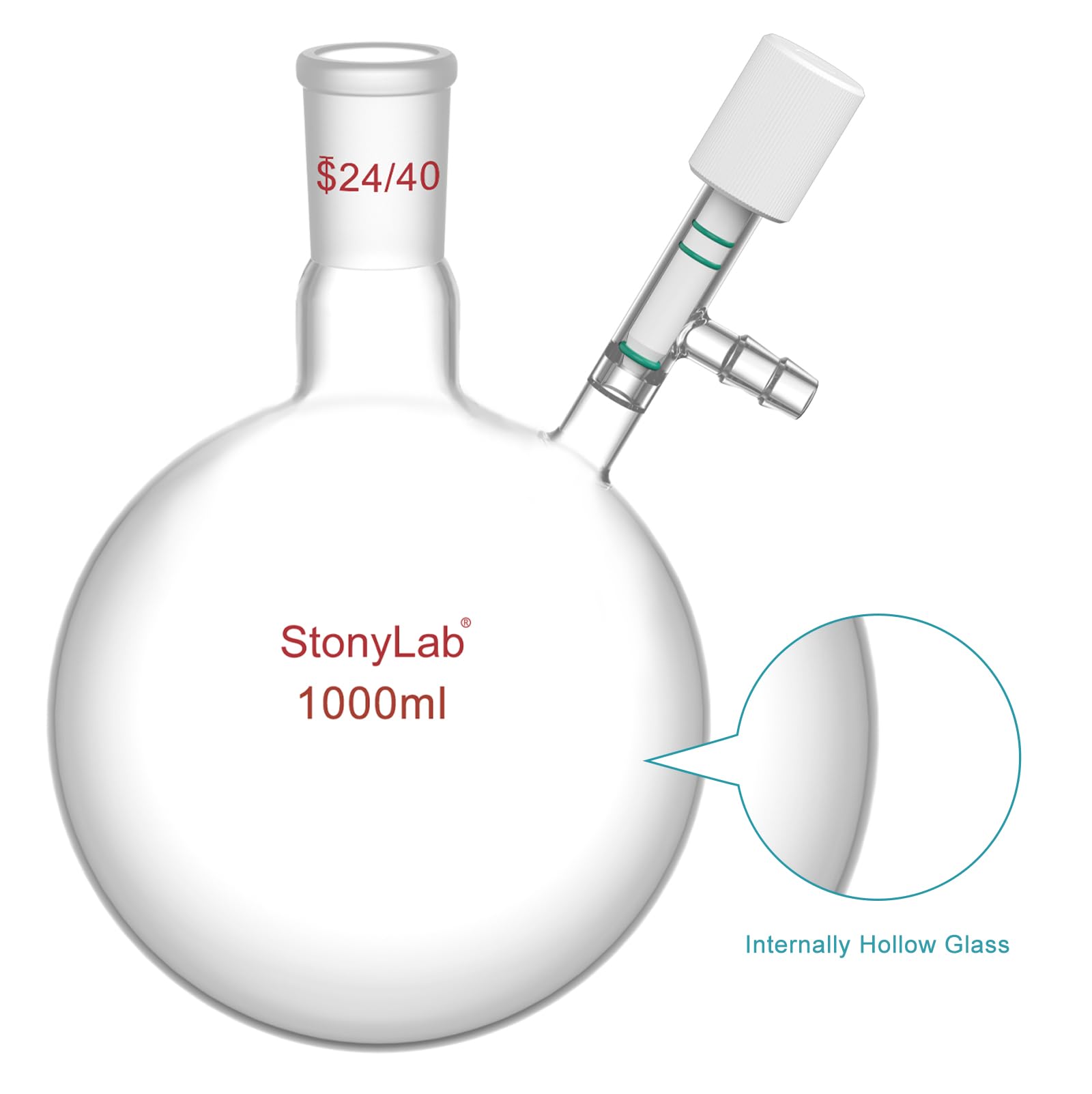 stonylab Vetro Matraccio di Schlenk, 24/40 Giunto Reazione Senza Aria Pallone Schlenk a Fondo Tondo a Parete Pesante, Round Bottom Schlenk Flask con Valvola per Vuoto Alto 0-4 mm, 1000ml
