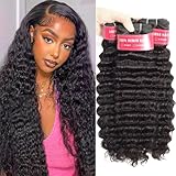 LUXEDIVA Deep Wave Human Hair Bundles 14 16 18 Inch 100% Unprocessed Raw Brazilian Curly Bundles Human Hair Natural Black Color for Women