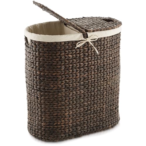 Casafield Oval Laundry Hamper with Lids and Removable Liner Bags - Espresso, Woven Water Hyacinth 2-Section Laundry Basket Sorter for Clothes and Towels