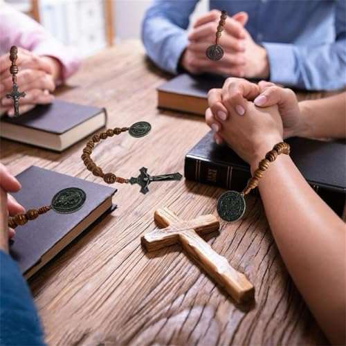 BONITTER 6 Pack Medalla de San Benitol and Crucifix, 9 Inch,Saint Benedict Medal Prayer Pocket Rosary Catholic Brown Wood Beads Cross3