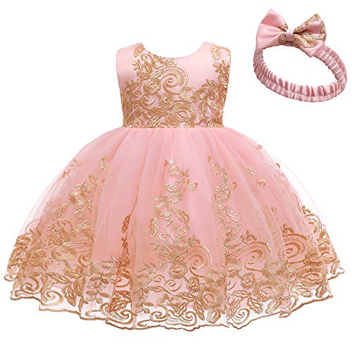 Baby Princess Girls Embroidery Dresses Toddler Lace Ruffles New Year Easter Tutu Dress With Headwear (Pink02,80) #TOP2
