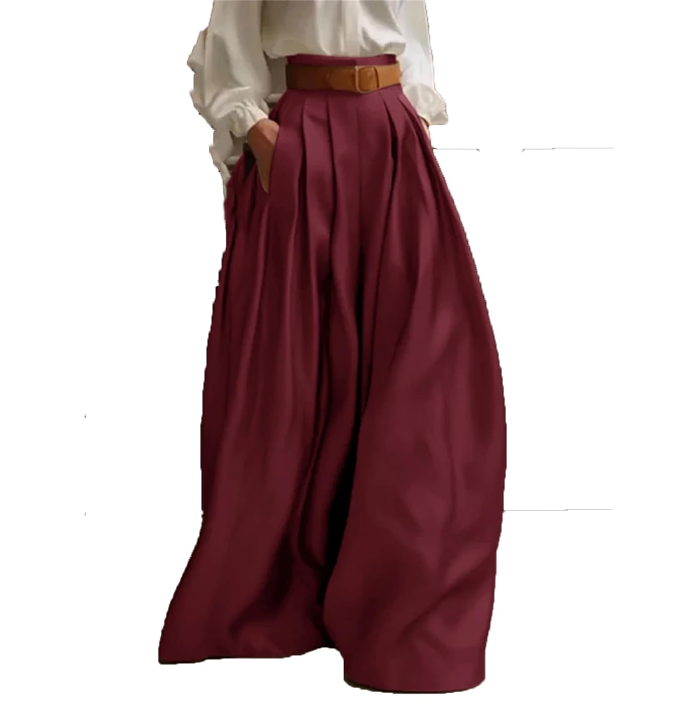 Women High Waist Formal Trousers with Pockets Office Lady Silk Satin Wide Leg Pants