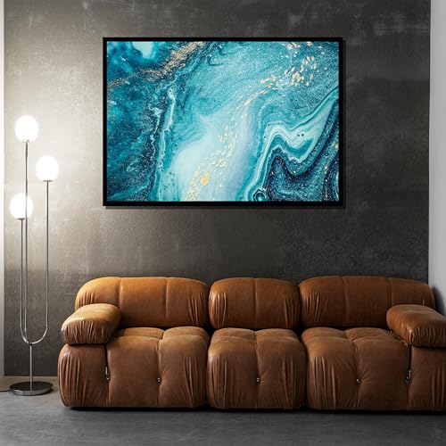 Tableau abstrait fluide thé turquoise et or 60x80cm