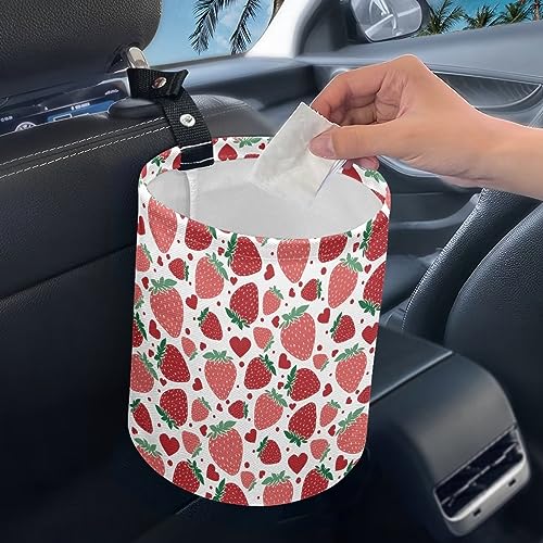 Image of Strawberry Hanging Car Trash Can, Collapsable Car Front /Back Seats Organizer with Adjustable Strap, Waterproof Car Rubbish Bin for Travelling Bedroom Kitchen