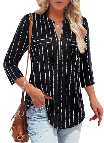 Womens Work Tops 3/4 Half Sleeve Crew Neck Banded Collar